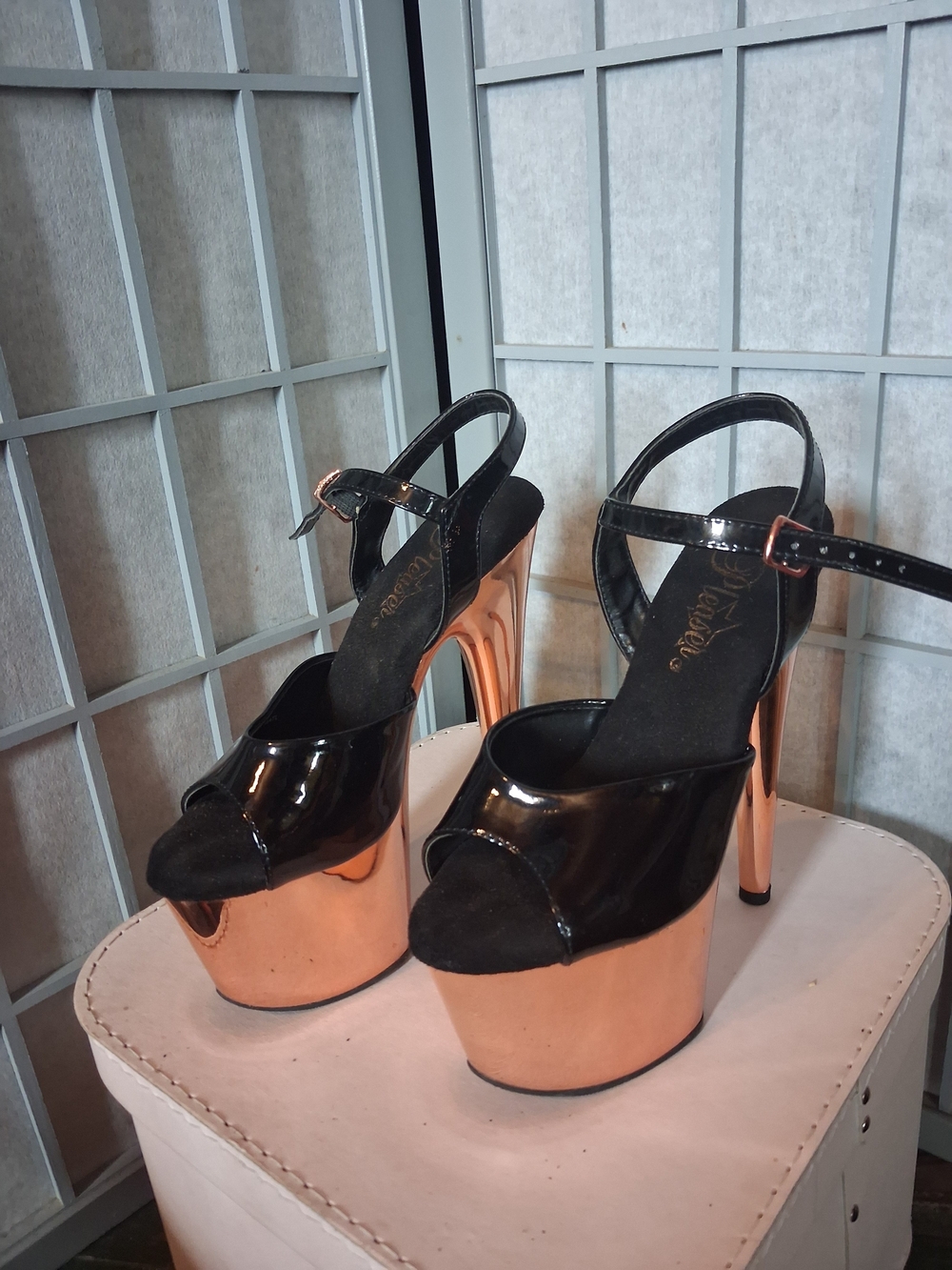 🖤👡Pleaser Black Patent & Rose Gold Chrome Platform Heels | Exotic Dance Shoes